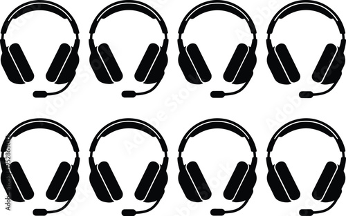 Eight black silhouette headphones with microphones arranged in a grid on a white background.