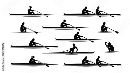 Kayaker silhouettes in various rowing positions on calm water
