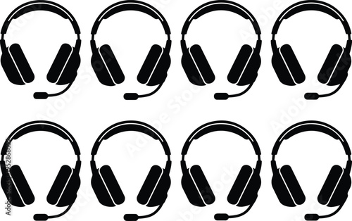 Eight black silhouette headphones with microphones arranged in a grid on a white background.