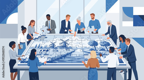 Diverse business team working together assembling a giant puzzle of dutch windmill landscape