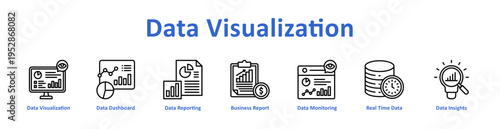 Data Visualization Web banner icon set vector illustration containing: Data visualization, data dashboard, data reporting, business reporting, data monitoring, real time analytics, data insights