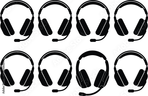 Eight black silhouette headphones, one with a detailed microphone, in a grid on white background.