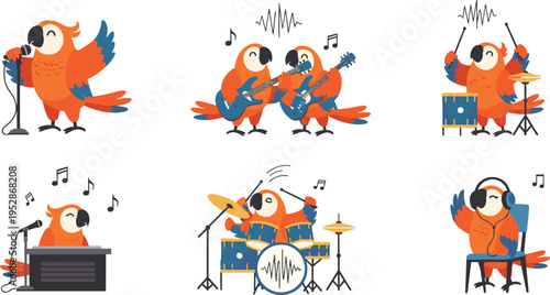 Cute parrot music band vector set with cartoon birds singing, playing guitar, drums and DJ, fun animal illustration collection