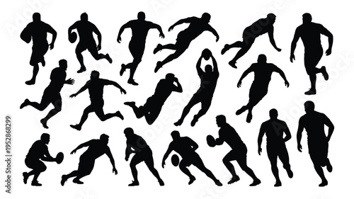 Collection of black silhouettes of people running jumping and playing sports on white background