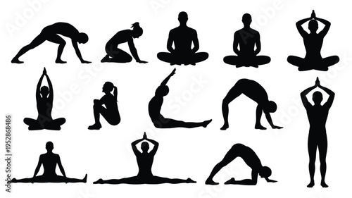 Various yoga poses silhouettes for fitness and wellness different asana positions on white background