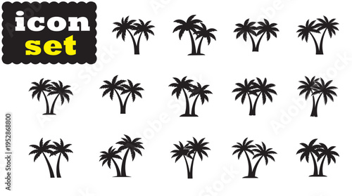 Tropical Palm Tree Silhouette Vector Illustration, Island Beach Tree Icon Set