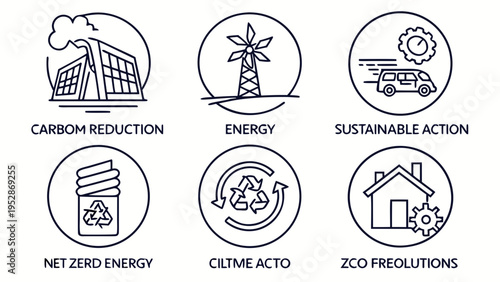 Net zero energy icons for carbon reduction sustainable action climate action and eco friendly solutions representing green initiatives