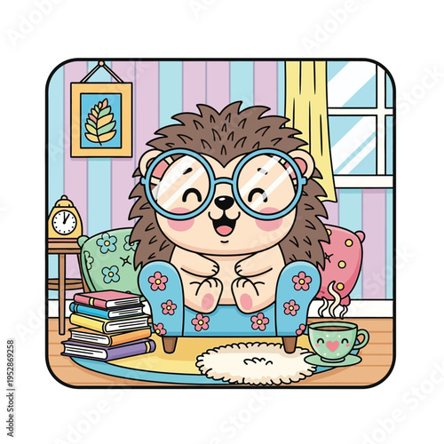 Cute cartoon hedgehog wearing glasses sitting comfortably.