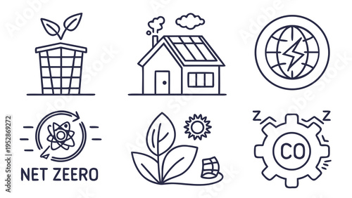Net zero icons featuring sustainable energy sources like solar and wind power environmental conservation and future technology concepts
