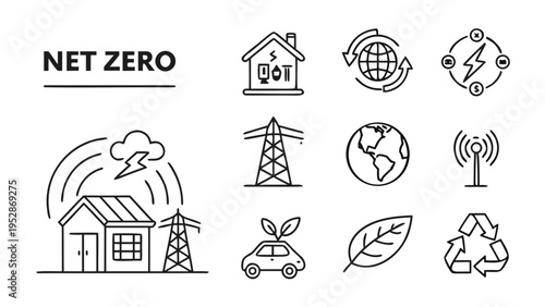 Net zero icons including homes powered by renewable energy electric cars global sustainability and clean energy transmission symbols