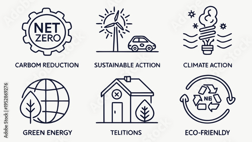 Net zero carbon reduction sustainable action climate action green energy telitions eco friendly icons for environmental campaigns
