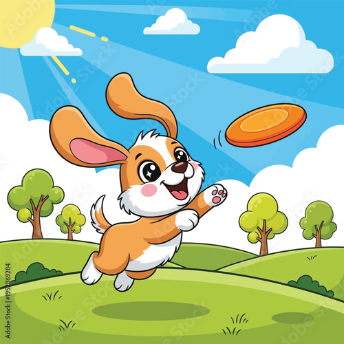 Cute cartoon dog playing frisbee in the park.