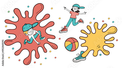 Two children jumping and playing amidst colorful paint splashes and a basketball, creating a vibrant and energetic scene