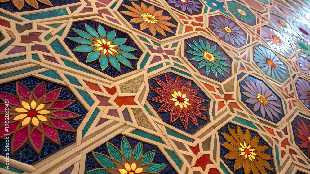 Fototapeta premium A vibrant, multi-colored Islamic mosaic pattern featuring intricate geometric shapes and stylized floral motifs.