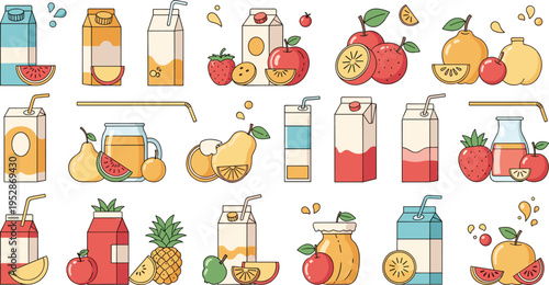 Fresh fruit juice vector set with bottles, cartons, citrus, berries and tropical drinks, healthy beverage illustration collection