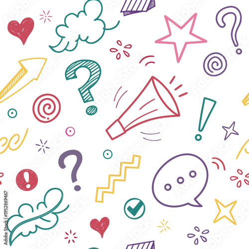 Seamless pattern with hand drawn hearts, clouds, question marks, megaphones, and stars on white background