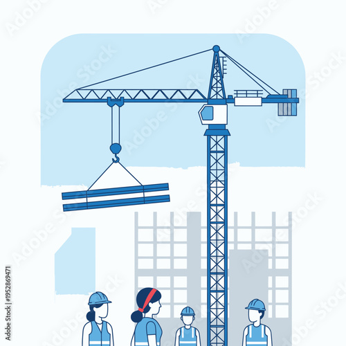 Construction Crane Lifting Steel Beams with Workers Below.