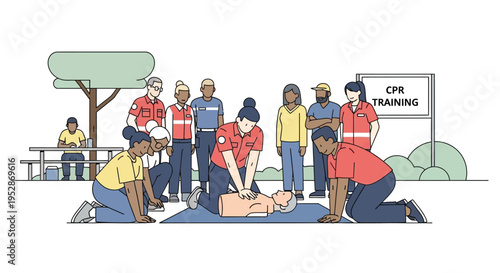 CPR training demonstration with diverse group of people learning.