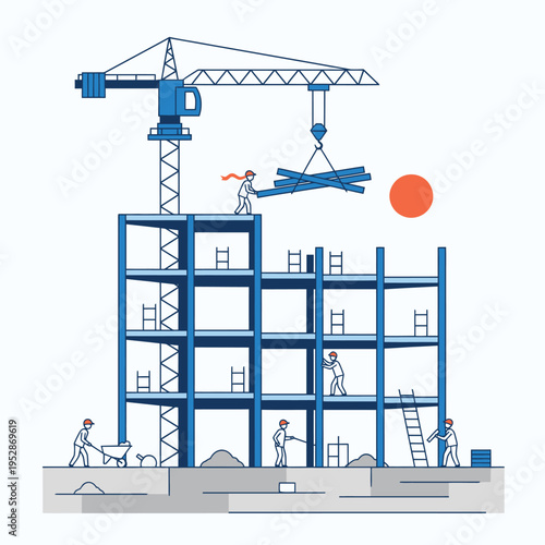 Construction of a modern building with crane and workers.