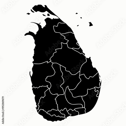 Map of Sri Lanka divided into administrative regions with internal boundaries showing geographical divisions