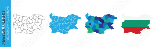 Collection of maps of Bulgaria illustrating administrative divisions in different styles. Includes a map with the national flag design. Ideal for geography and travel content.