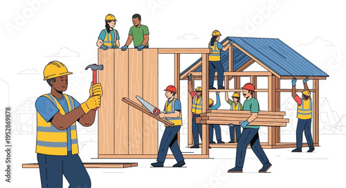 Construction workers building a house together.