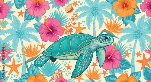 Vibrant Watercolor Summer Ocean Theme with a Cute Sea Turtle and Tropical Flowers