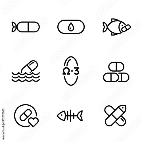 Collection of Omega 3 Fish Oil Supplement Icons.