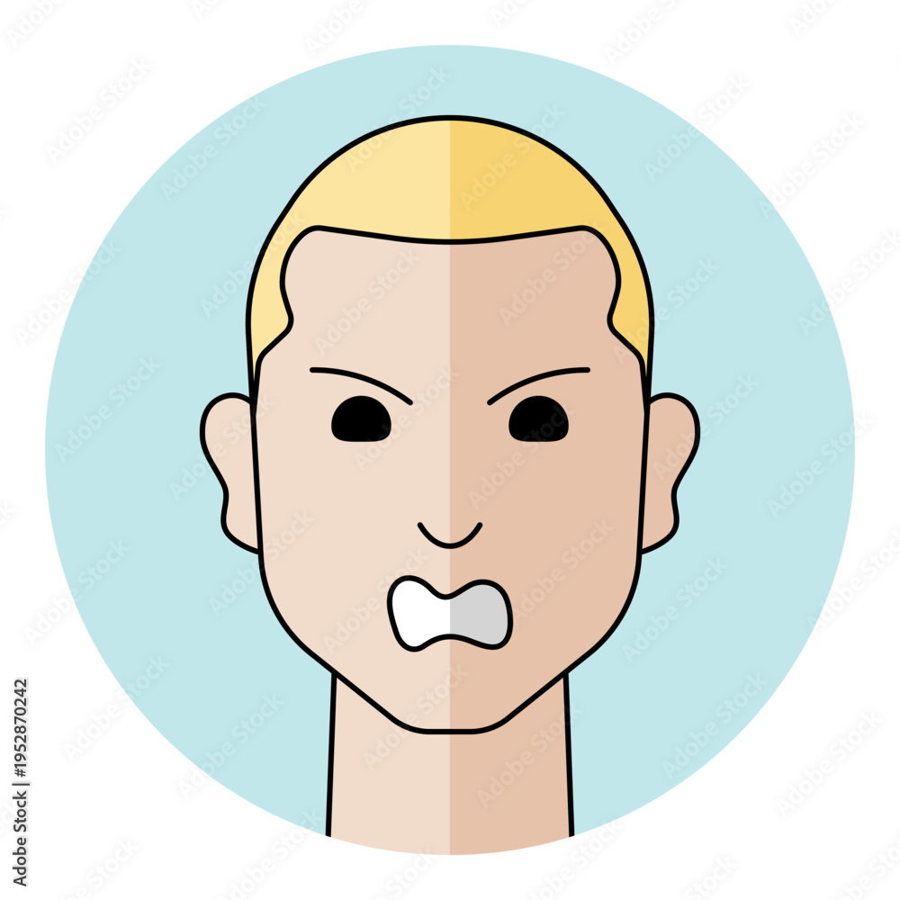 Obraz premium Man face avatar with furious facial expression and aggressive open mouth showing teeth. Male character portrait for mad emotion, rage, conflict.