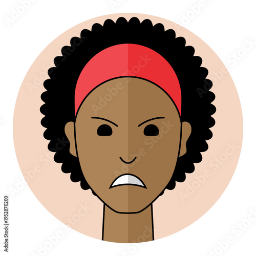Angry black woman avatar portrait icon with frustrated face and frowning mouth expression in flat style. Female character portrait with curly hair for mad emotion, bad mood.