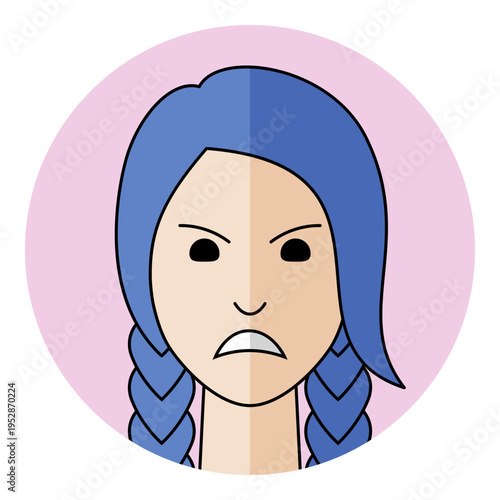 Angry woman avatar portrait icon with frustrated face and frowning mouth expression in flat style. Female character portrait with blue hair for mad emotion, bad mood.