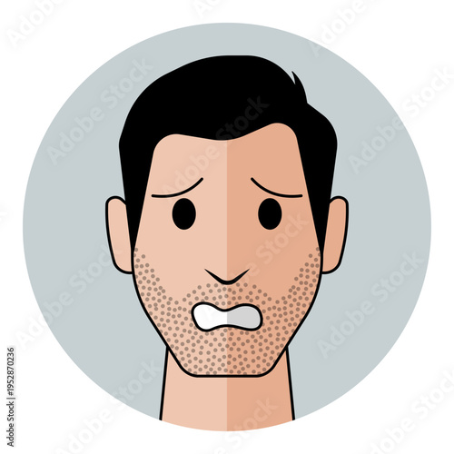 Man face avatar with anxious eyes and worried mouth expression in flat style. Male character portrait for confused emotion, fear, security risk, nervous support, icon.