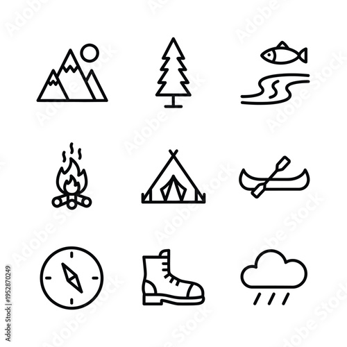 Collection of Outdoor Adventure and Camping Icons.