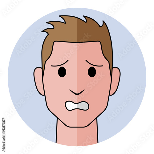 Man face avatar with anxious eyes and worried mouth expression in flat style. Male character portrait for confused emotion, fear, security risk, and nervous support icon