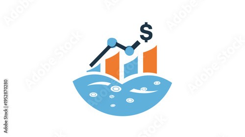 Financial growth and investment in water resources. Modern icon with dollar sign, rising graph, and coins in water.