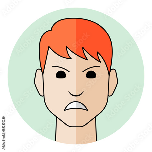 Angry man avatar portrait icon with frustrated face and frowning mouth expression in flat style. Male character portrait with ginger hair for mad emotion, bad mood.