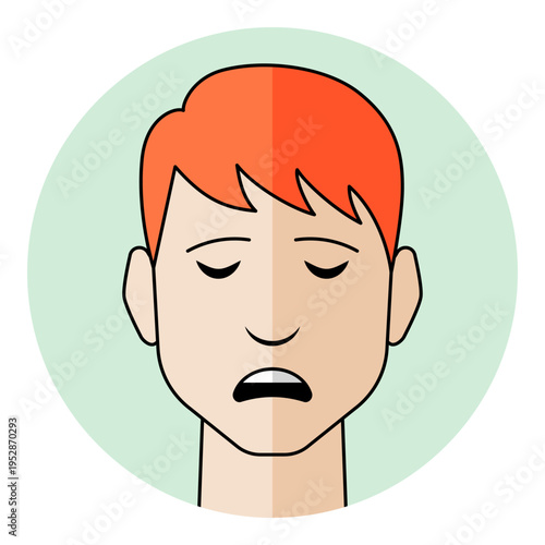 Man face avatar with closed eyes and sad downcast mouth expression in flat style. Male character portrait with ginger hair for unhappy emotion, bad mood, icon.