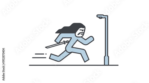Dynamic line art illustration of a determined character with long hair and a sword running swiftly along a street with a lamp post.