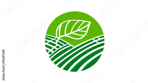 Abstract green leaf and field lines in circle, eco-friendly nature agriculture logo icon design