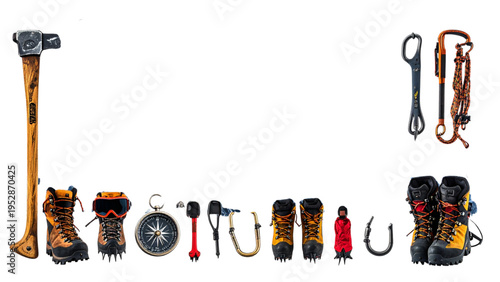 Mountain Climbing and Winter Hiking Equipment Collection Featuring Ice Axe Crampons Compass Goggles and Carabiners Isolated on White Background Vector Art