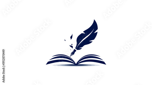 Elegant quill pen writing on an open book symbol. Classic icon for literature, education, knowledge, history, and storytelling.