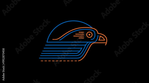 Modern Neon Falcon Head Illustration with Glowing Blue and Orange Lines. Stylized Bird of Prey Art on Black Background.