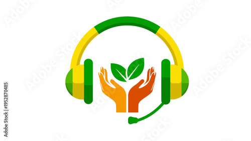 Eco-friendly customer support and environmental care concept with a headset, cupped hands, and green plant leaves.