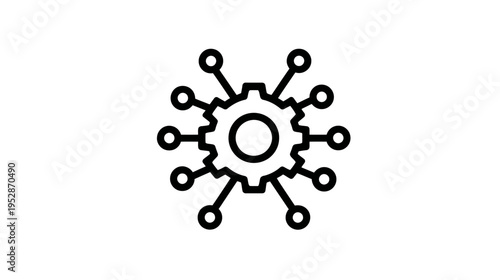 Digital technology gear icon representing data processing, system integration, network connections, and innovation in engineering