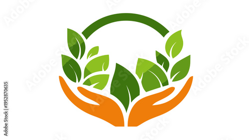 Two hands gently cradling lush green leaves arranged in a circular shape, symbolizing nature care, environmental protection, and organic growth.