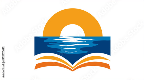 Vibrant sun rising above ocean waves, reflected on an open book. Concept of learning, summer, discovery, and travel.