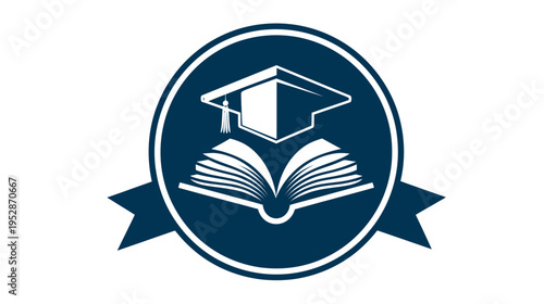 Blue Education Emblem Vector Icon with Graduation Cap, Open Book, and Ribbon - Symbolizing Academic Success, Learning & Knowledge