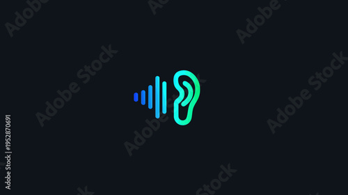 Digital ear icon with sound waves in glowing neon gradient, symbolizing hearing, audio technology, listening, and communication.