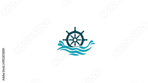Nautical ship's wheel with blue waves icon on white. Marine helm graphic for navigation, sea travel, and maritime themes.