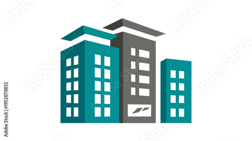 Modern stylized urban buildings icon. Abstract vector illustration of city architecture, commercial properties, and real estate development.